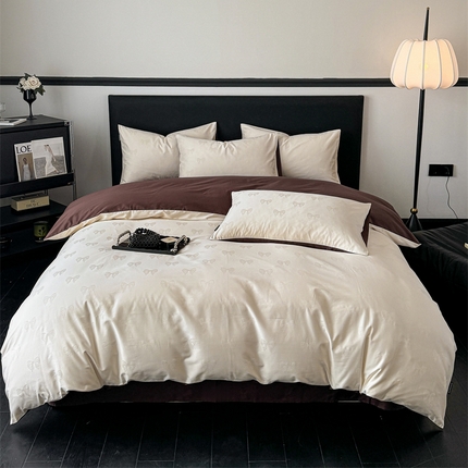 若未家居 LOVEWE HOUSE 2025新款50S长绒棉提花四件套-芙蓉 翩翩起舞-奶昔白拼朱古力