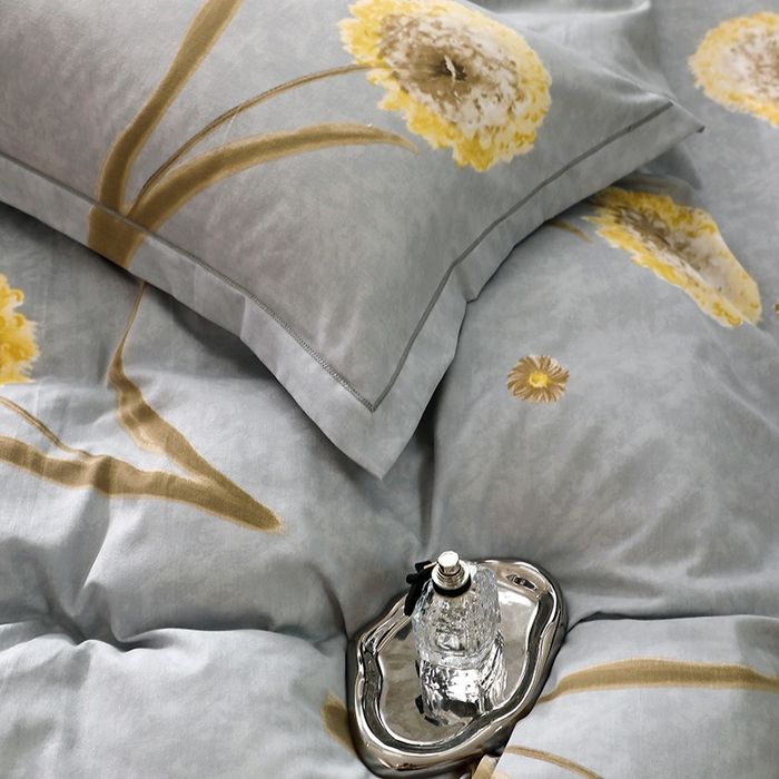 91家纺网 家纺一手货源 找家纺 晶缦家纺 2024新款叶语系纯棉全棉生态磨毛多规格四件套 清浅蒲英灰