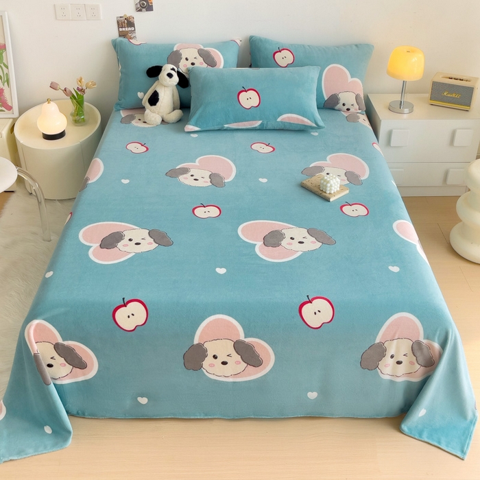 91家纺网 家纺一手货源 找家纺 艾橙家纺 2024新款A类加厚牛奶绒印花床单 呆萌狗