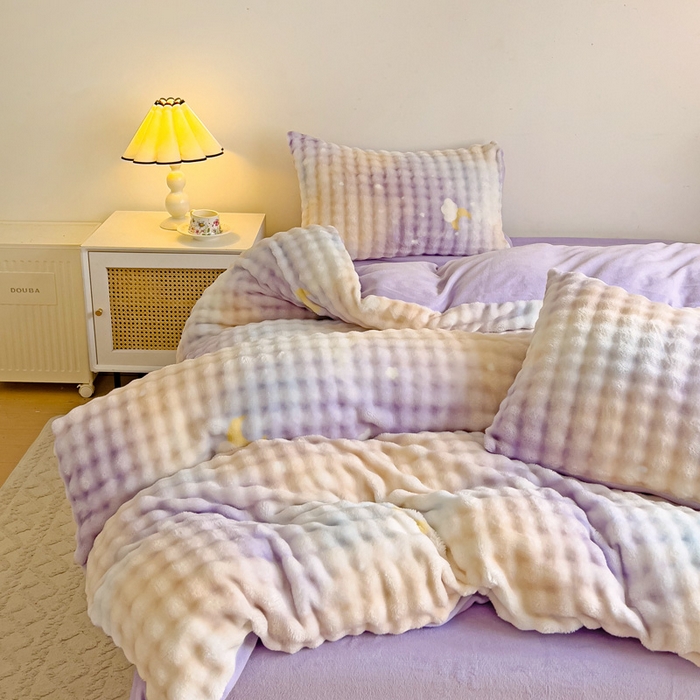 91家纺网 家纺一手货源 找家纺 金爱家 2024新款A类高克重云朵牛奶泡泡绒四件套 泡泡绒-星空紫