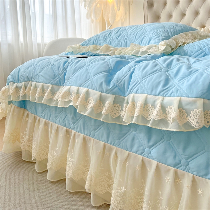 91家纺网 家纺一手货源 找家纺 虹星家纺 2024新款A类水洗棉夹棉床盖四件套 花黛-天空蓝