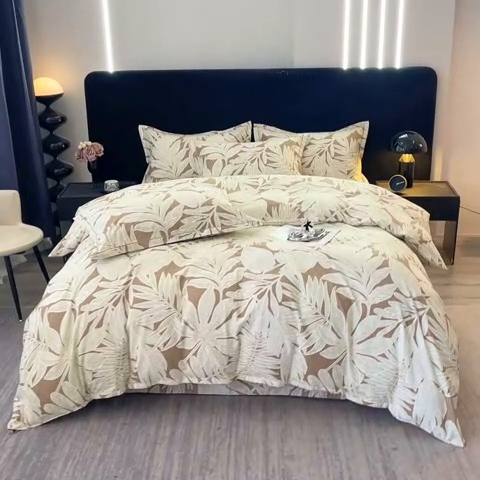 91家纺网 家纺一手货源 找家纺 晶缦家纺 2024新款叶语系纯棉全棉生态磨毛多规格四件套 叶之恋咖