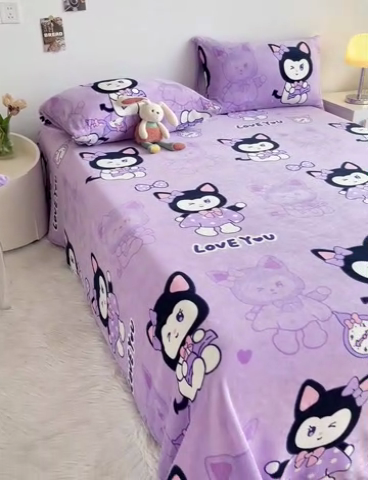 91家纺网 家纺一手货源 找家纺 艾橙家纺 2024新款A类加厚牛奶绒印花床单 猫小姐