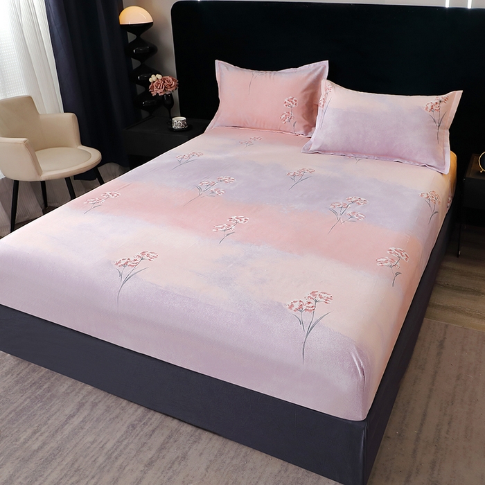 91家纺网 家纺一手货源 找家纺 晶缦家纺 2024新款叶语系纯棉全棉生态磨毛多规格单床笠 兰菲尼粉