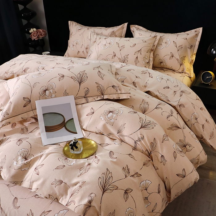 91家纺网 家纺一手货源 找家纺 晶缦家纺 2024新款叶语系纯棉全棉生态磨毛多规格四件套 美兮咖