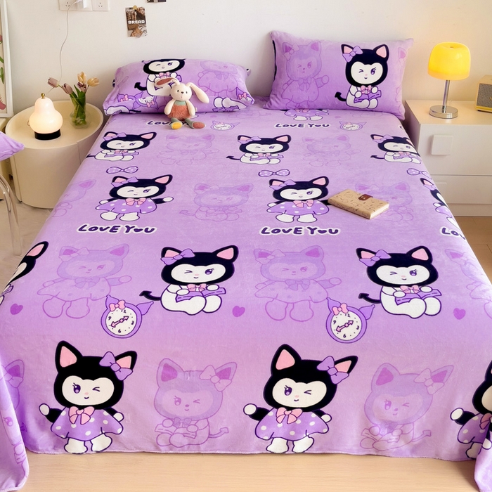 91家纺网 家纺一手货源 找家纺 艾橙家纺 2024新款A类加厚牛奶绒印花床单 猫小姐