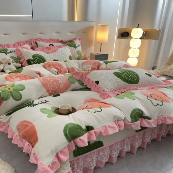 91家纺网 家纺一手货源 找家纺 民新家纺 2025新款牛奶绒印花夹棉床盖四件套 爱心草莓-粉