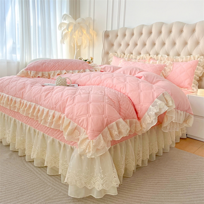 91家纺网 家纺一手货源 找家纺 虹星家纺 2024新款A类水洗棉夹棉床盖四件套 花黛-仙女粉