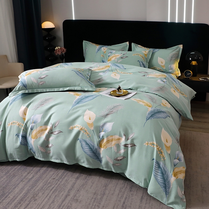 91家纺网 家纺一手货源 找家纺 晶缦家纺 2024新款叶语系纯棉全棉生态磨毛多规格四件套 云瑶蓝