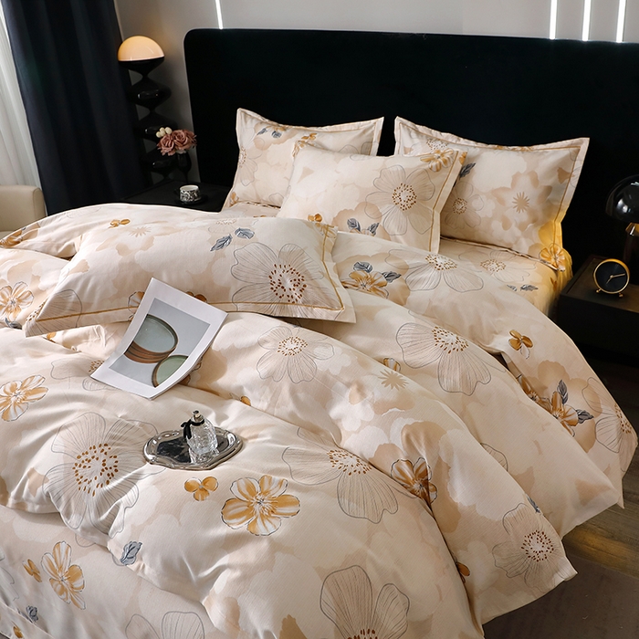 91家纺网 家纺一手货源 找家纺 晶缦家纺 2024新款叶语系纯棉全棉生态磨毛多规格四件套 如月花梦咖