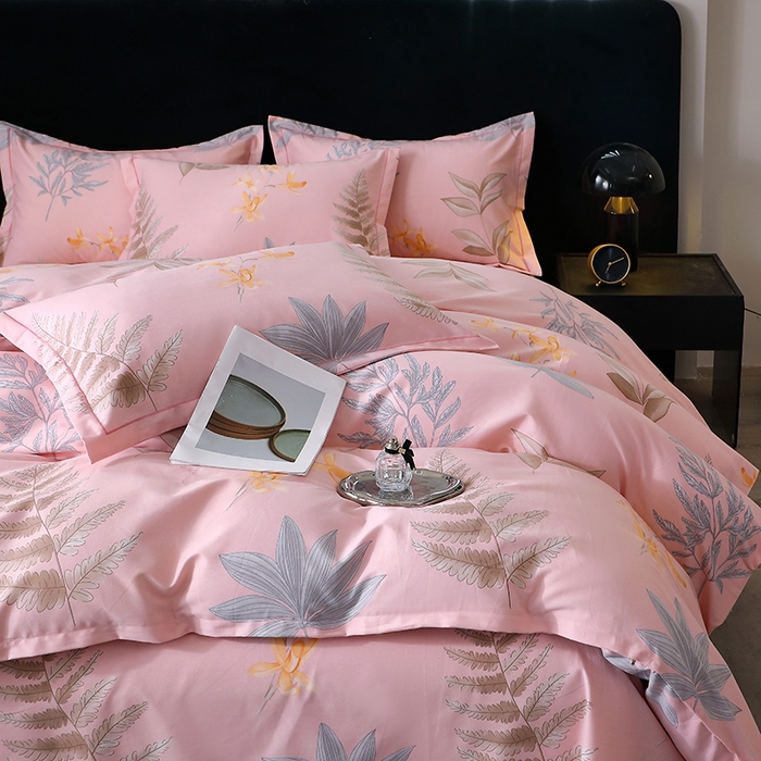 91家纺网 家纺一手货源 找家纺 晶缦家纺 2024新款叶语系纯棉全棉生态磨毛多规格四件套 相思叶粉