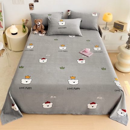 艾橙家纺 2024新款A类加厚牛奶绒印花床单 皮皮熊（灰）