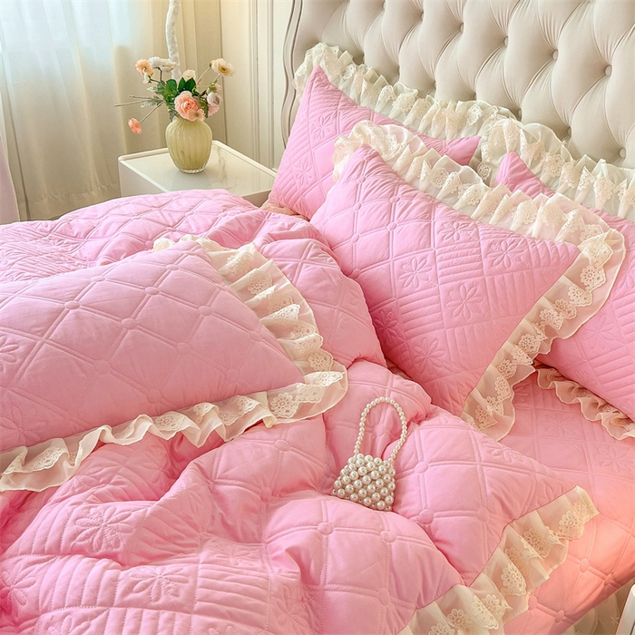 91家纺网 家纺一手货源 找家纺 虹星家纺 2024新款A类水洗棉夹棉床盖四件套 花黛-樱花粉