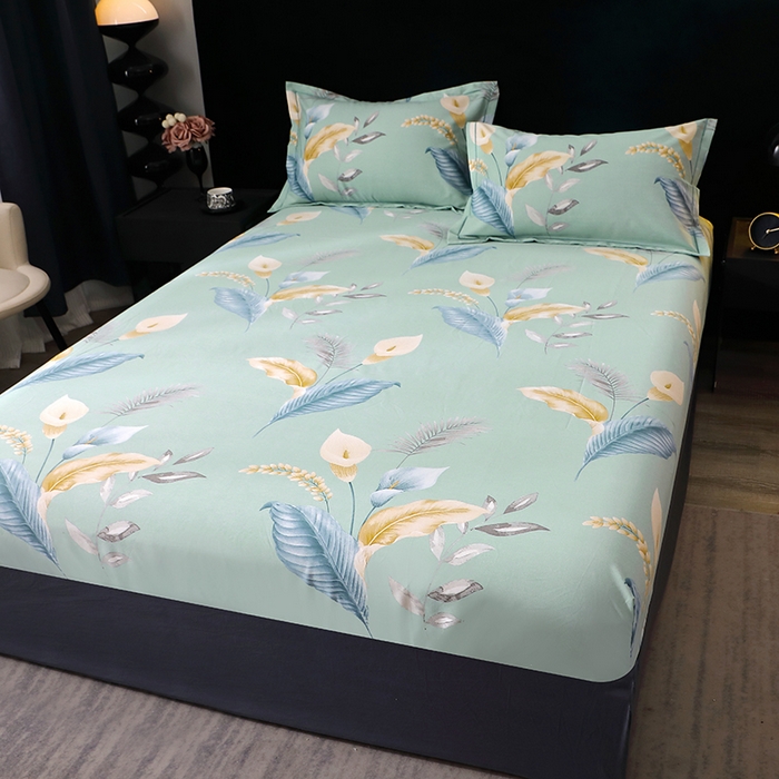 91家纺网 家纺一手货源 找家纺 晶缦家纺 2024新款叶语系纯棉全棉生态磨毛多规格单床笠 云瑶蓝