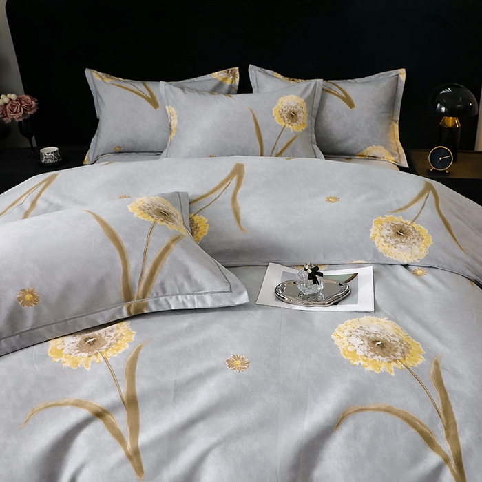 91家纺网 家纺一手货源 找家纺 晶缦家纺 2024新款叶语系纯棉全棉生态磨毛多规格四件套 清浅蒲英灰