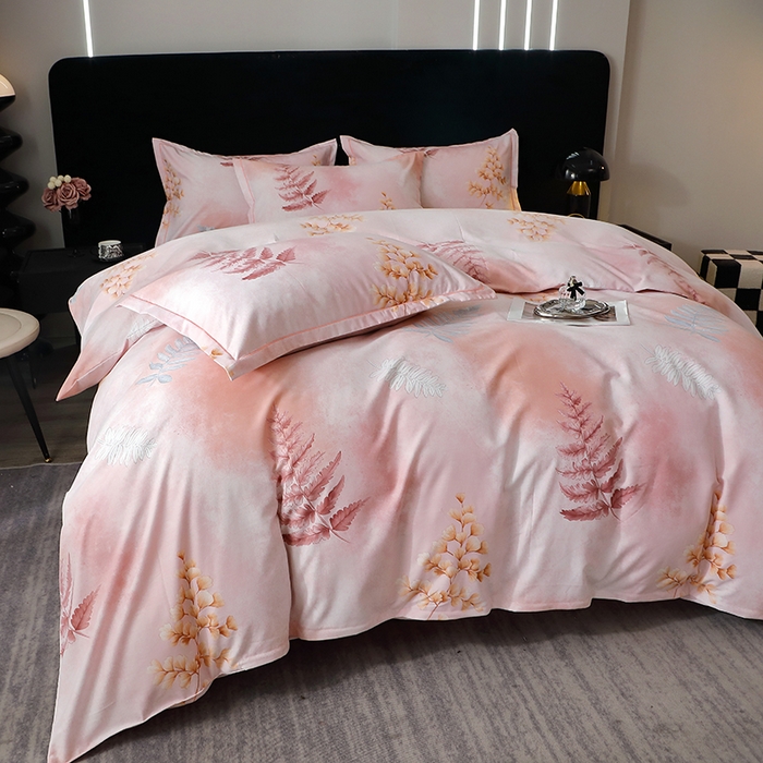 91家纺网 家纺一手货源 找家纺 晶缦家纺 2024新款叶语系纯棉全棉生态磨毛多规格四件套 花羽庭粉