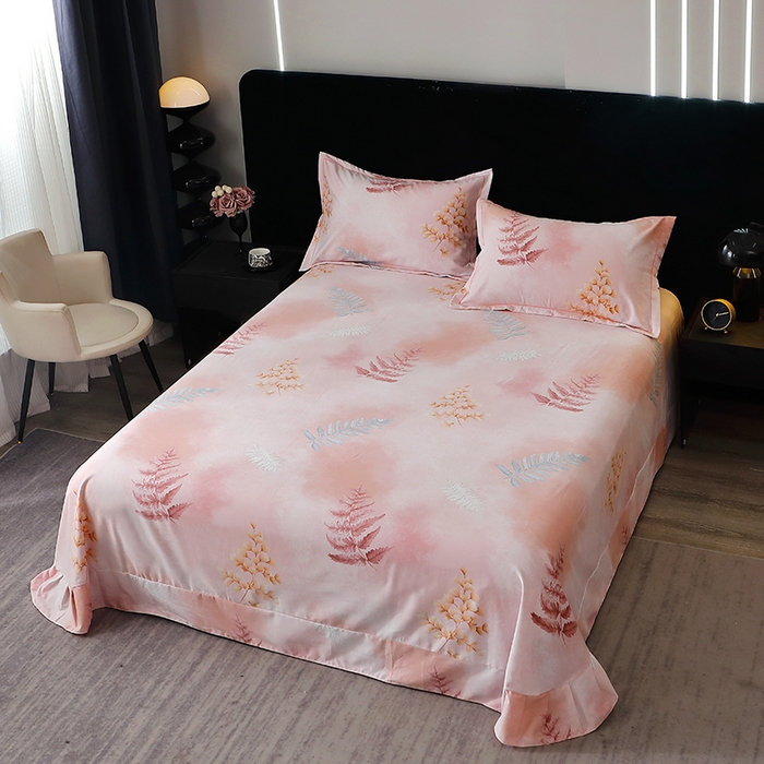 91家纺网 家纺一手货源 找家纺 晶缦家纺 2024新款叶语系纯棉全棉生态磨毛多规格单床单 花羽庭粉