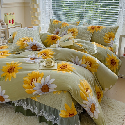 91家纺网 家纺一手货源 找家纺 （总）雅眠居2024新款直播爆款牛奶绒印花床盖四件套双层蕾丝花边床裙单件三件套