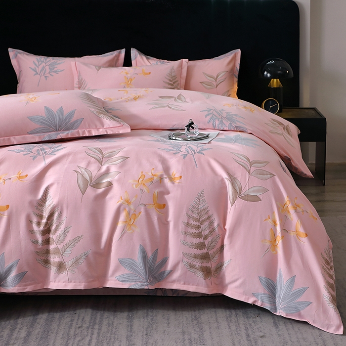 91家纺网 家纺一手货源 找家纺 晶缦家纺 2024新款叶语系纯棉全棉生态磨毛多规格四件套 相思叶粉