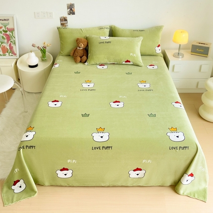 艾橙家纺 2024新款A类加厚牛奶绒印花床单 皮皮熊（绿）