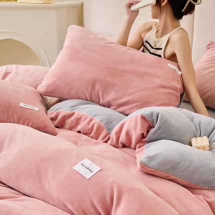 2024新款ins简约风牛奶绒双拼可拆洗冬被 被子被芯 豆沙+浅灰