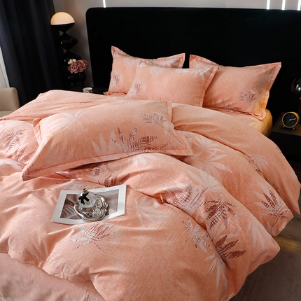 晶缦家纺 2024新款叶语系纯棉全棉生态磨毛多规格四件套 枫叶情怀粉