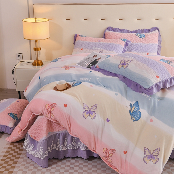 91家纺网 家纺一手货源 找家纺 雅眠居2024新款直播爆款牛奶绒印花床盖四件套双层蕾丝花边床裙单件三件套 浪漫蝴蝶