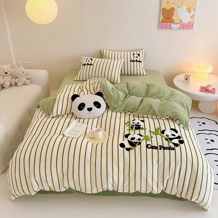 沐棉家居 2024新款高克重条纹牛奶绒毛巾绣四件套 竹子熊猫-绿
