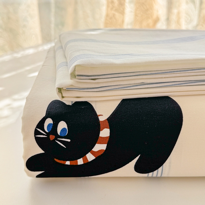 91家纺网 家纺一手货源 找家纺 吉象家纺 2024新款高支密全棉印花单床单 线条猫咪