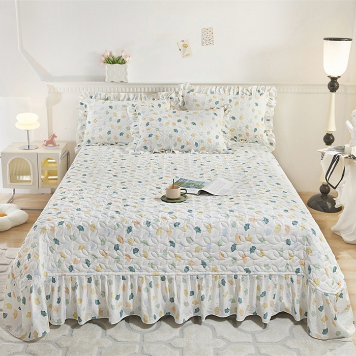 91家纺网 家纺一手货源 找家纺 十个点家纺 2025新款印花夹棉床盖三件套-晚秋系列 杏叶繁花