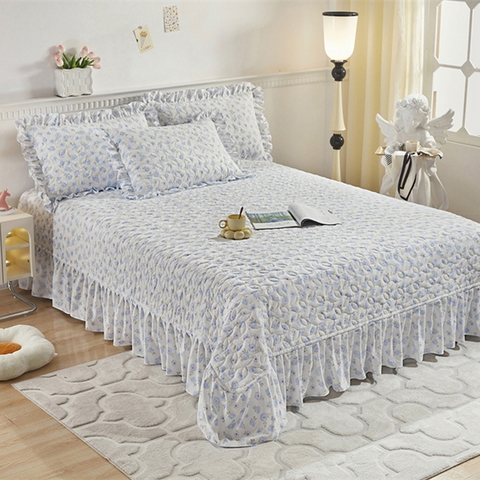 91家纺网 家纺一手货源 找家纺 十个点家纺 2025新款印花夹棉床盖三件套-晚秋系列 蓝色玫瑰