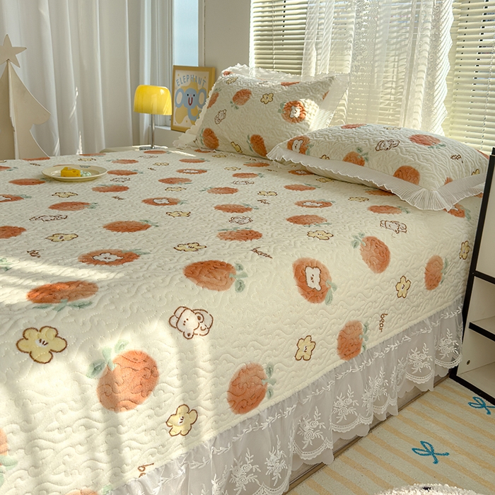 91家纺网 家纺一手货源 找家纺 冬然家纺 2024新款牛奶绒印花床盖 心想事橙