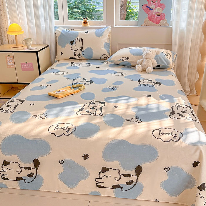 91家纺网 家纺一手货源 找家纺 吉象家纺 2024新款高支密全棉印花单床单 奶牛猫