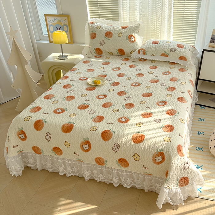 91家纺网 家纺一手货源 找家纺 冬然家纺 2024新款牛奶绒印花床盖 心想事橙