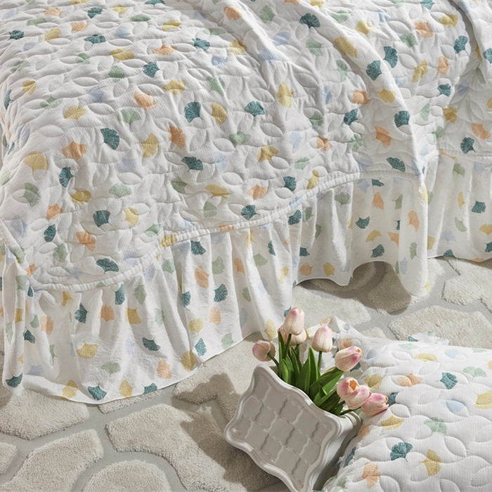 91家纺网 家纺一手货源 找家纺 十个点家纺 2025新款印花夹棉床盖三件套-晚秋系列 杏叶繁花