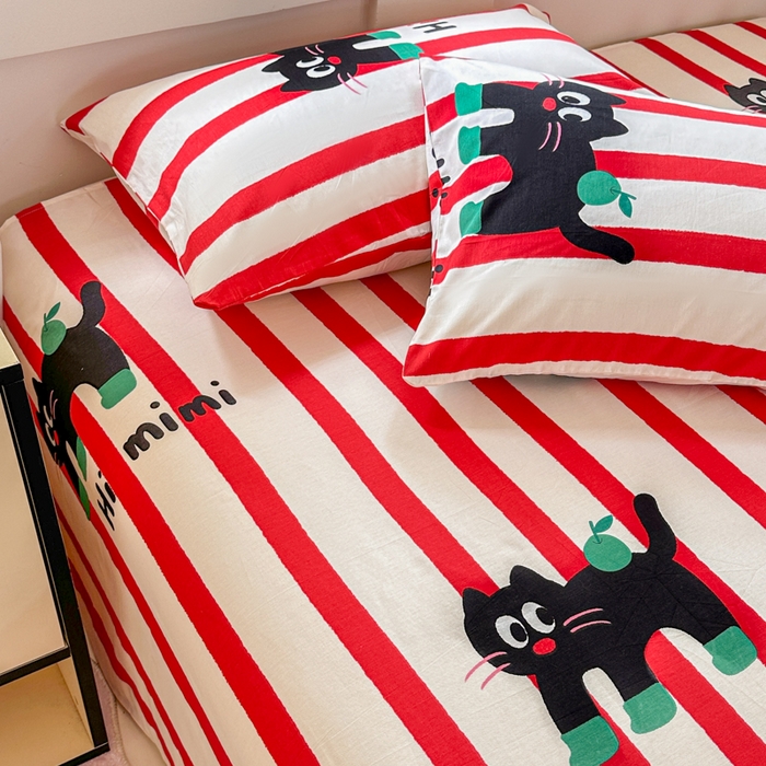 91家纺网 家纺一手货源 找家纺 吉象家纺 2024新款高支密全棉印花单床单 红线条小黑猫