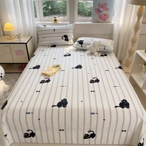 91家纺网 家纺一手货源 找家纺 吉象家纺 2024新款高支密全棉印花单床单 线条猫咪