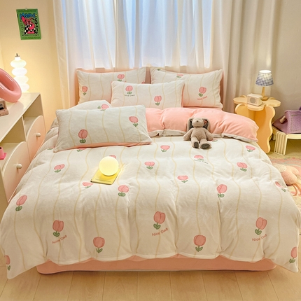 91家纺网 家纺一手货源 找家纺 本制 2025新款B类牛奶绒印花四件套 恬淡-粉