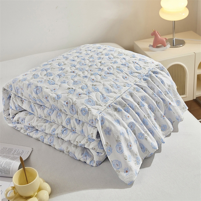 91家纺网 家纺一手货源 找家纺 十个点家纺 2025新款印花夹棉床盖三件套-晚秋系列 蓝色玫瑰