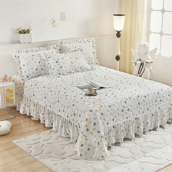 91家纺网 家纺一手货源 找家纺 十个点家纺 2025新款印花夹棉床盖三件套-晚秋系列 杏叶繁花