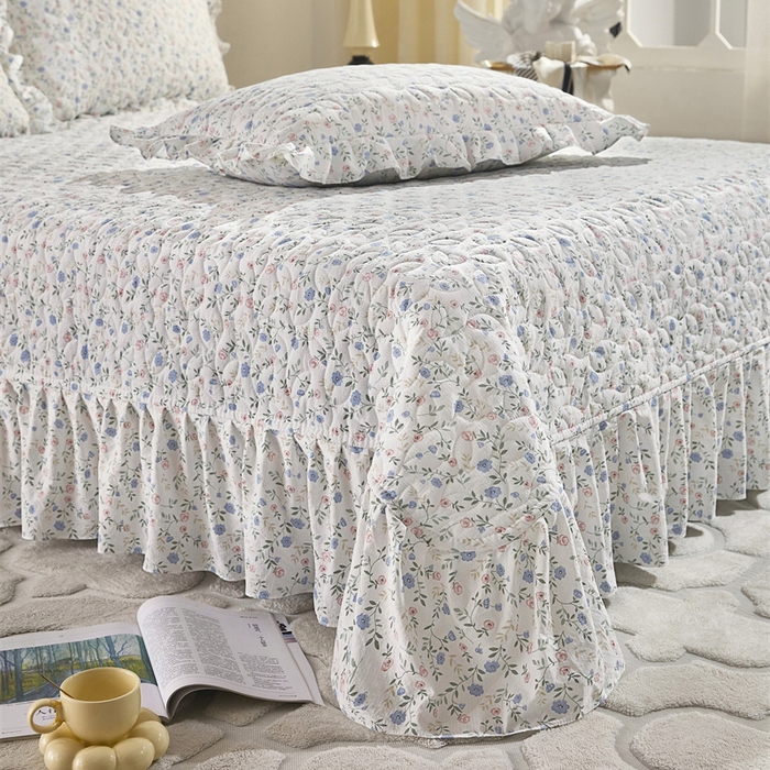 91家纺网 家纺一手货源 找家纺 十个点家纺 2025新款印花夹棉床盖三件套-晚秋系列 富贵小花