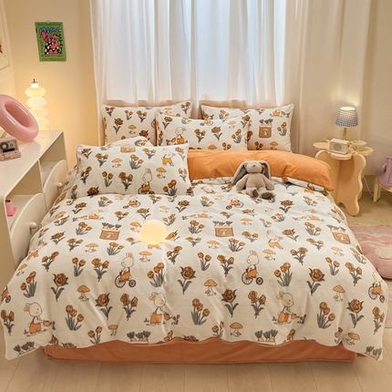 91家纺网 家纺一手货源 找家纺 本制 2025新款B类牛奶绒印花四件套 兔兔庄园