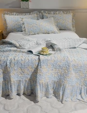 91家纺网 家纺一手货源 找家纺 十个点家纺 2025新款印花夹棉床盖三件套-晚秋系列 晚秋