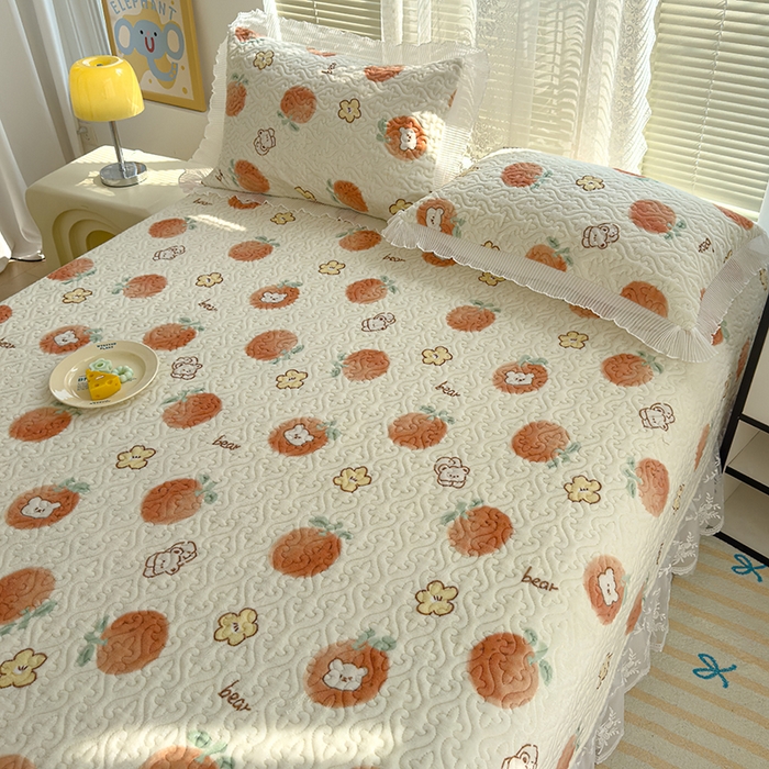 91家纺网 家纺一手货源 找家纺 冬然家纺 2024新款牛奶绒印花床盖 心想事橙