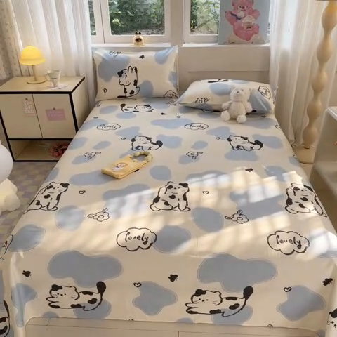 91家纺网 家纺一手货源 找家纺 吉象家纺 2024新款高支密全棉印花单床单 奶牛猫