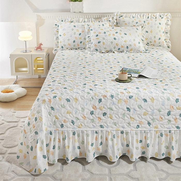 91家纺网 家纺一手货源 找家纺 十个点家纺 2025新款印花夹棉床盖三件套-晚秋系列 杏叶繁花