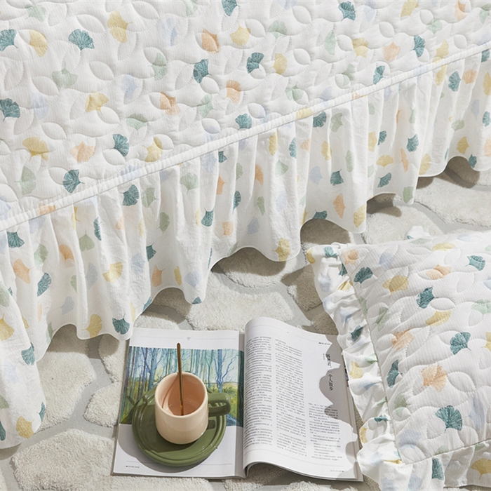 91家纺网 家纺一手货源 找家纺 十个点家纺 2025新款印花夹棉床盖三件套-晚秋系列 杏叶繁花