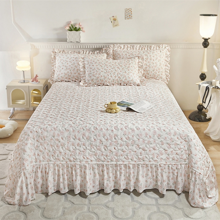 91家纺网 家纺一手货源 找家纺 十个点家纺 2025新款印花夹棉床盖三件套-晚秋系列 红粉世家