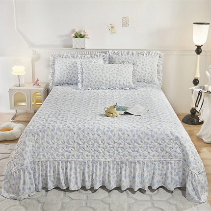 十个点家纺 2025新款印花夹棉床盖三件套-晚秋系列 蓝色玫瑰