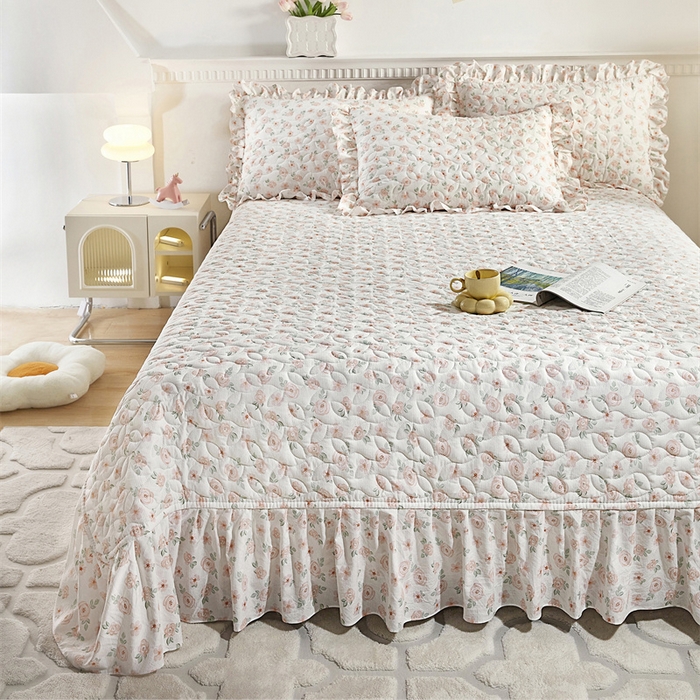 91家纺网 家纺一手货源 找家纺 十个点家纺 2025新款印花夹棉床盖三件套-晚秋系列 红粉世家